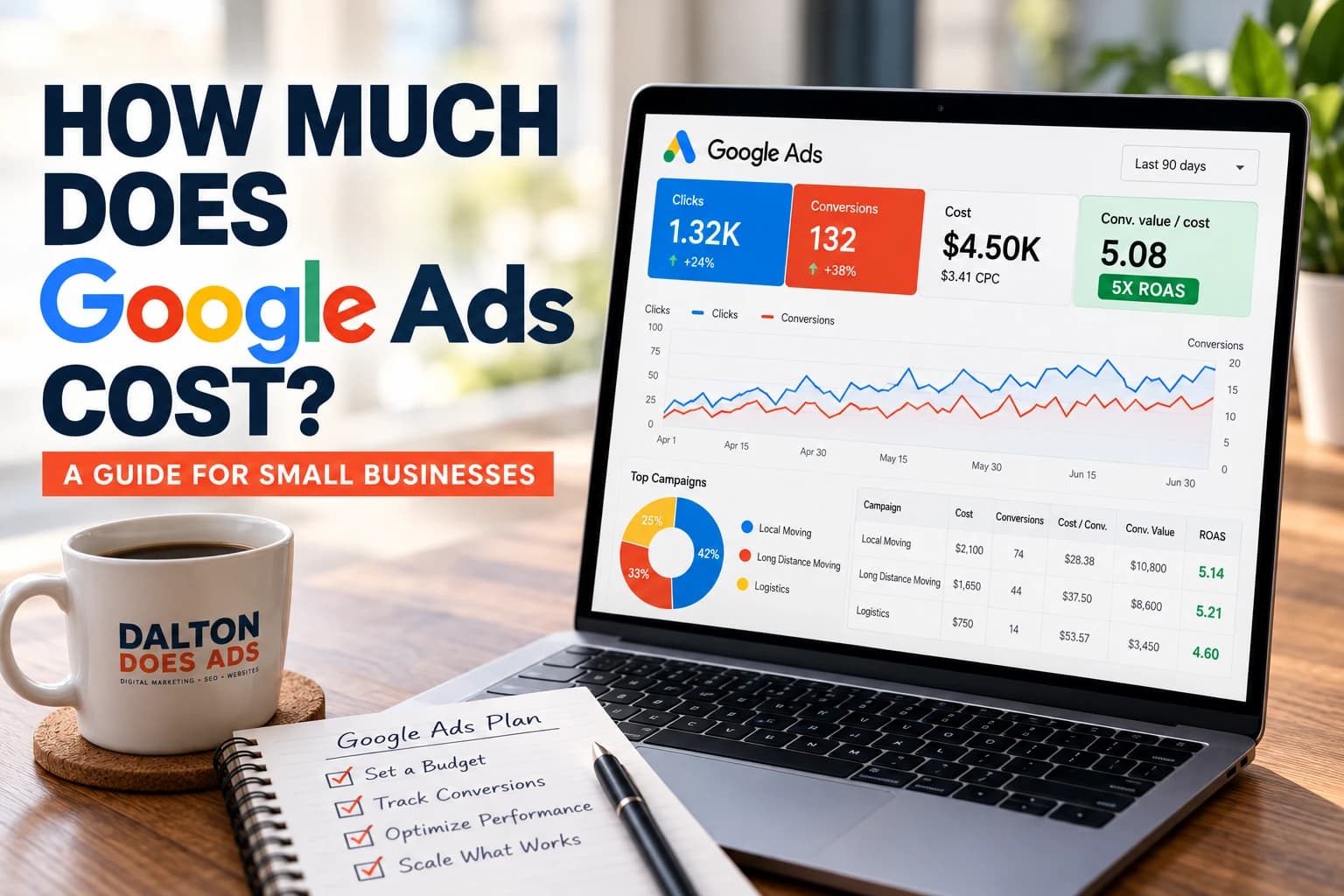 A laptop showing a Google Ads dashboard with clicks, conversions, cost, and a 5x return on ad spend, next to a Dalton Does Ads mug and a Google Ads plan notebook