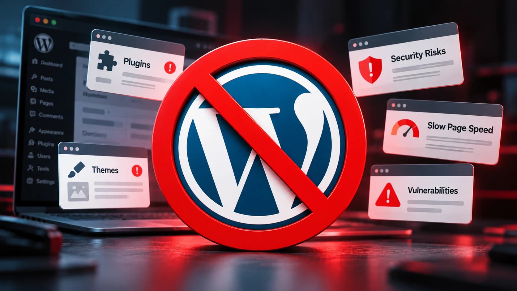 A red no symbol over the WordPress logo in front of a laptop, with warning cards for plugins, themes, security risks, slow page speed, and vulnerabilities