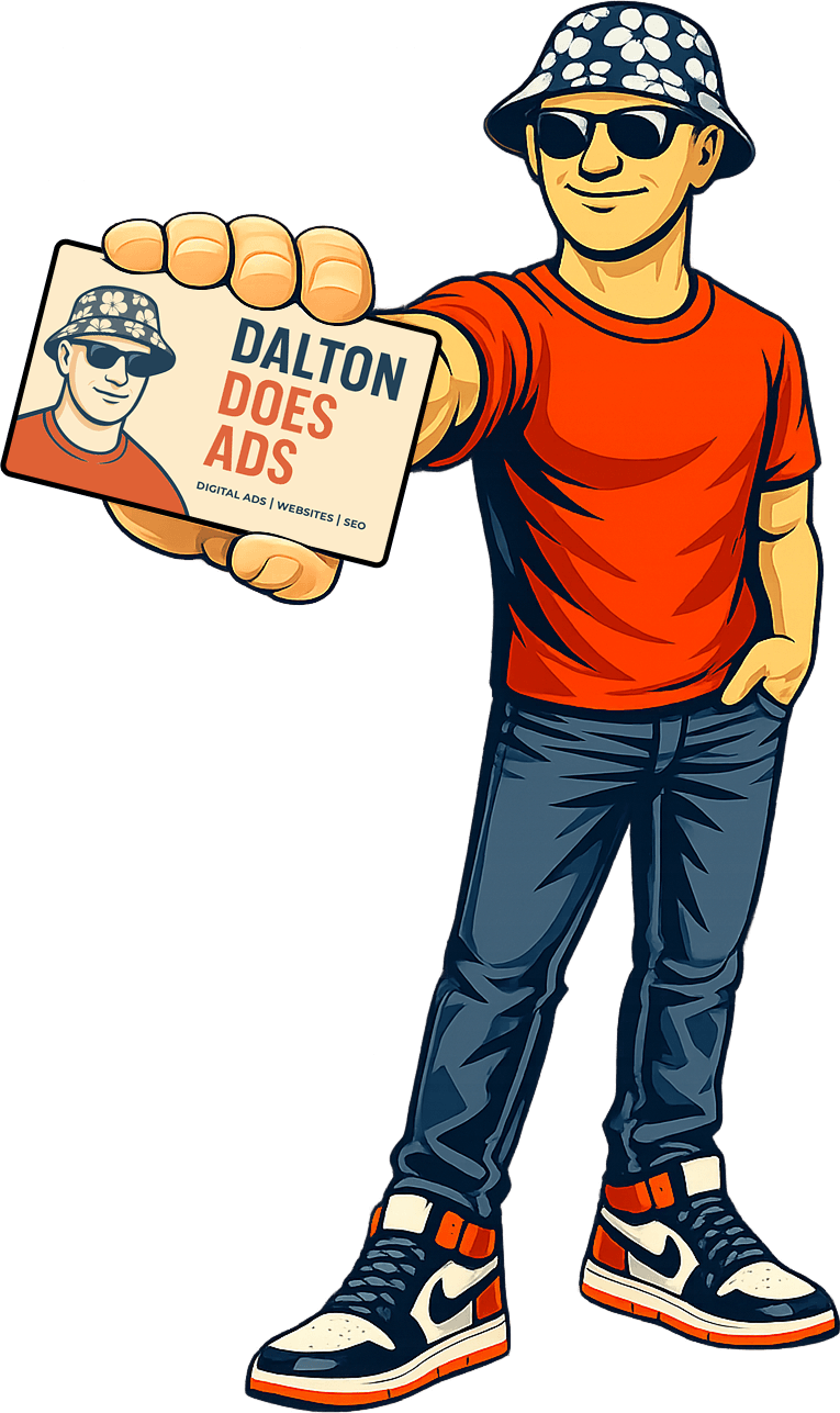 Dalton holding out a Dalton Does Ads business card