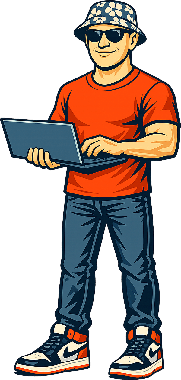 Dalton, illustrated, working on a laptop